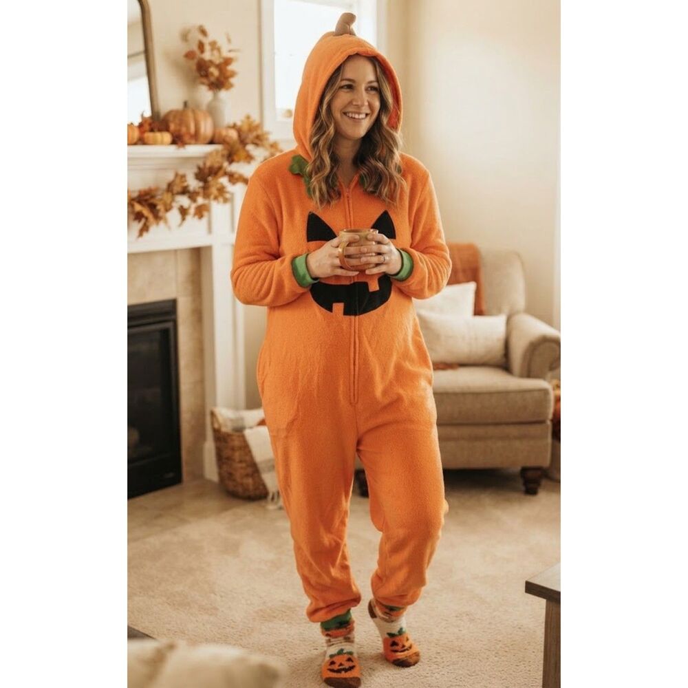 Spooktacular Creations Pumpkin Hooded Jumpsuit Adult Unisex XL Halloween
